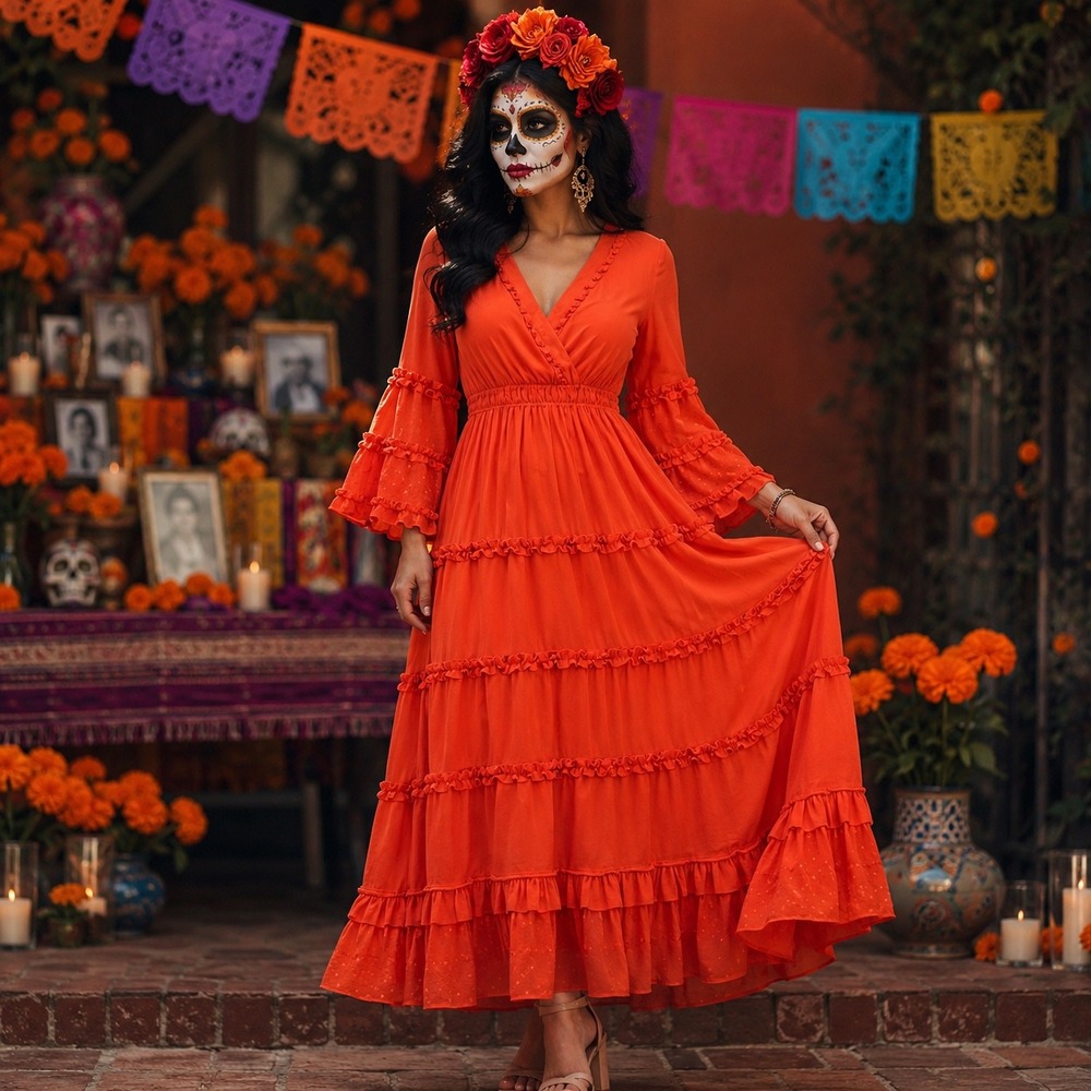Alexis Dress Women XS Orange Ruffle Tiered Swiss Dot Bell Sleeve Midi